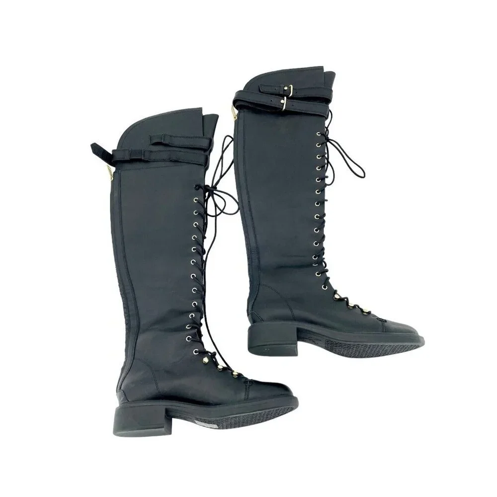 Joie Gryffin Over the Knee Boots Lace Up Buckle Black Leather  EU 36 New